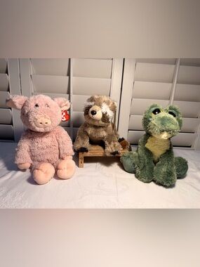 Ty, GANZ, Aurora Plush Trio - Pink Pig Brown Raccoon, Green Dinosaur K0016